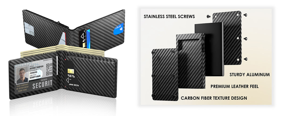 The wallet open, and an exploded view naming stainless steel screws, sturdy aluminium, premium leather feel and carbon fiber texture design