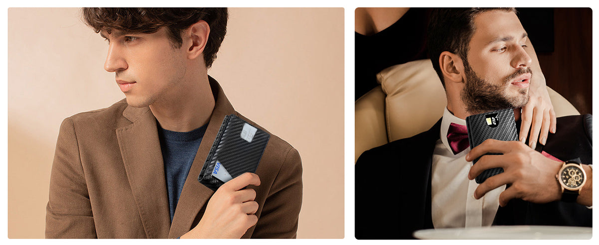 Two men, one slipping the wallet into a jacket, one holding it at a table