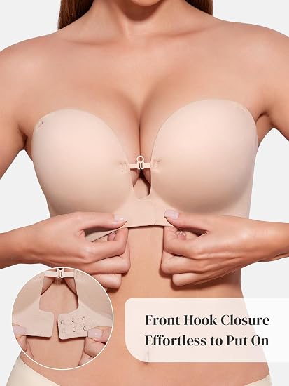Two hands drawing the front closure together, with an inset showing it open